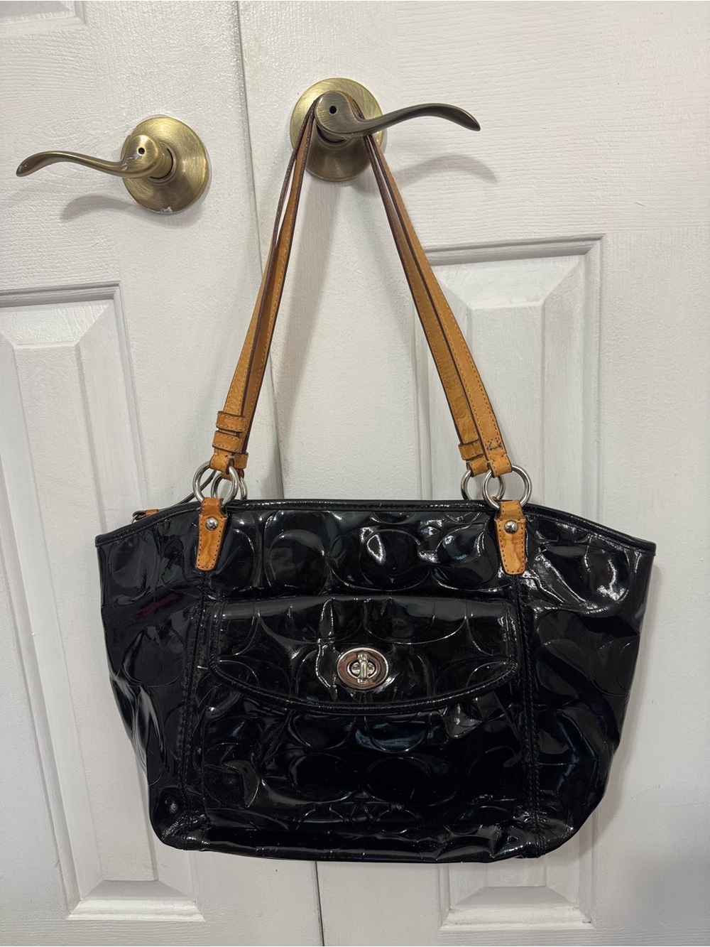 Coach Embossed Patent Leather Tote Bag Black